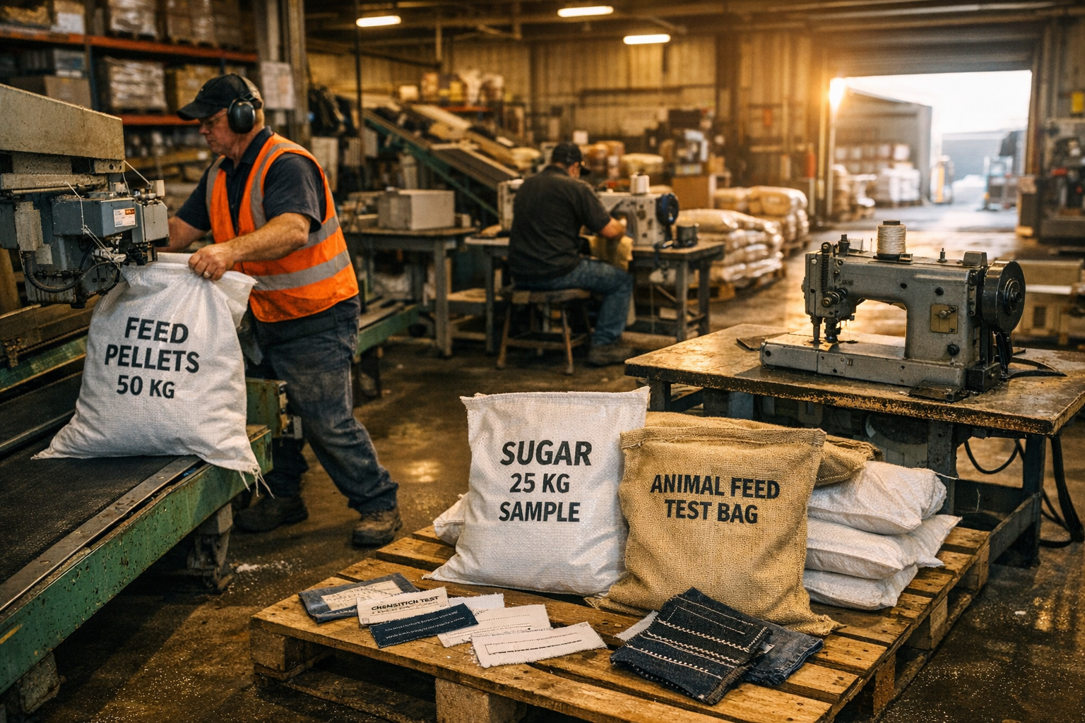 Zakkennaaimachine in gebruik